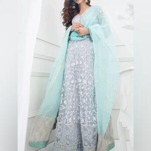 Embroidered Light Blue Anarkali with Sheer Dupatta